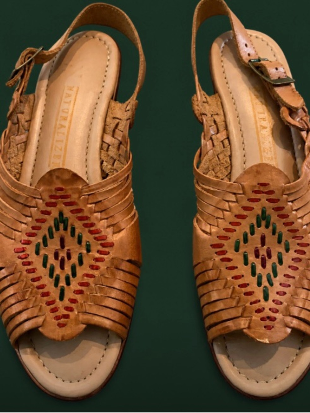 Naturalizer Tan Leather Woven Slingback Sandals with Red and Green Accents